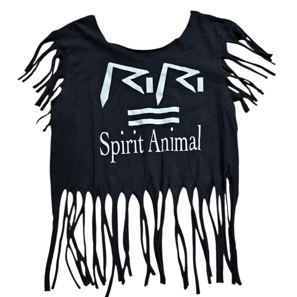 Distressed "RiRi Is My Spirit Animal" Fringe Black Tank Top - Picture 2 of 10